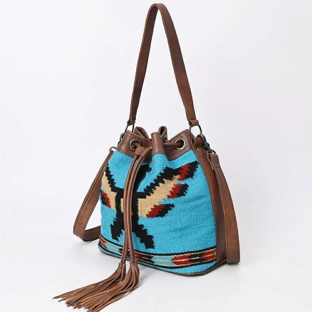 New Western Woven Thunderbird Leather Bucket Handbag Womens Drawstring Purse - Picture 8 of 8